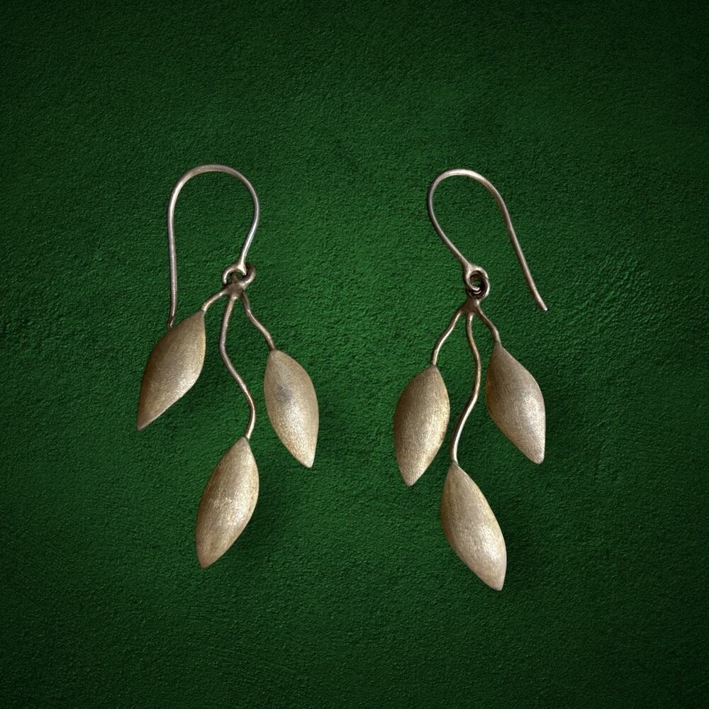 Vintage 950 Silver Leaf Dangle Earrings Brushed Botanical Drop Earrings